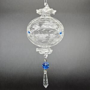 Hand Blown Glass Ornament Etched Floral Design‎ Crystal Accents Hanging Decor